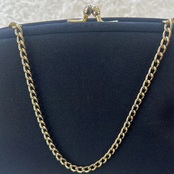 Vintage HL Harry Levine Navy evening bag Gold Chain Strap Peach interior - Picture 9 of 13